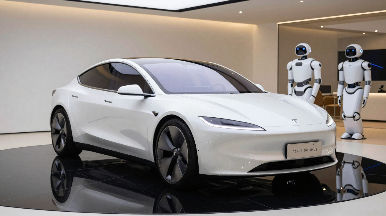 Carro elétrico branco Tesla modelo futurista exibido em sala com dois robôs Tesla Optimus ao fundo.