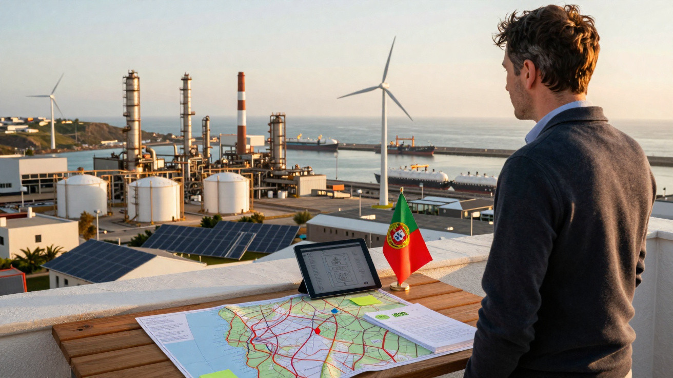 Homem observa usina industrial com painéis solares, turbina eólica e mapa em mesa com bandeira de Portugal.