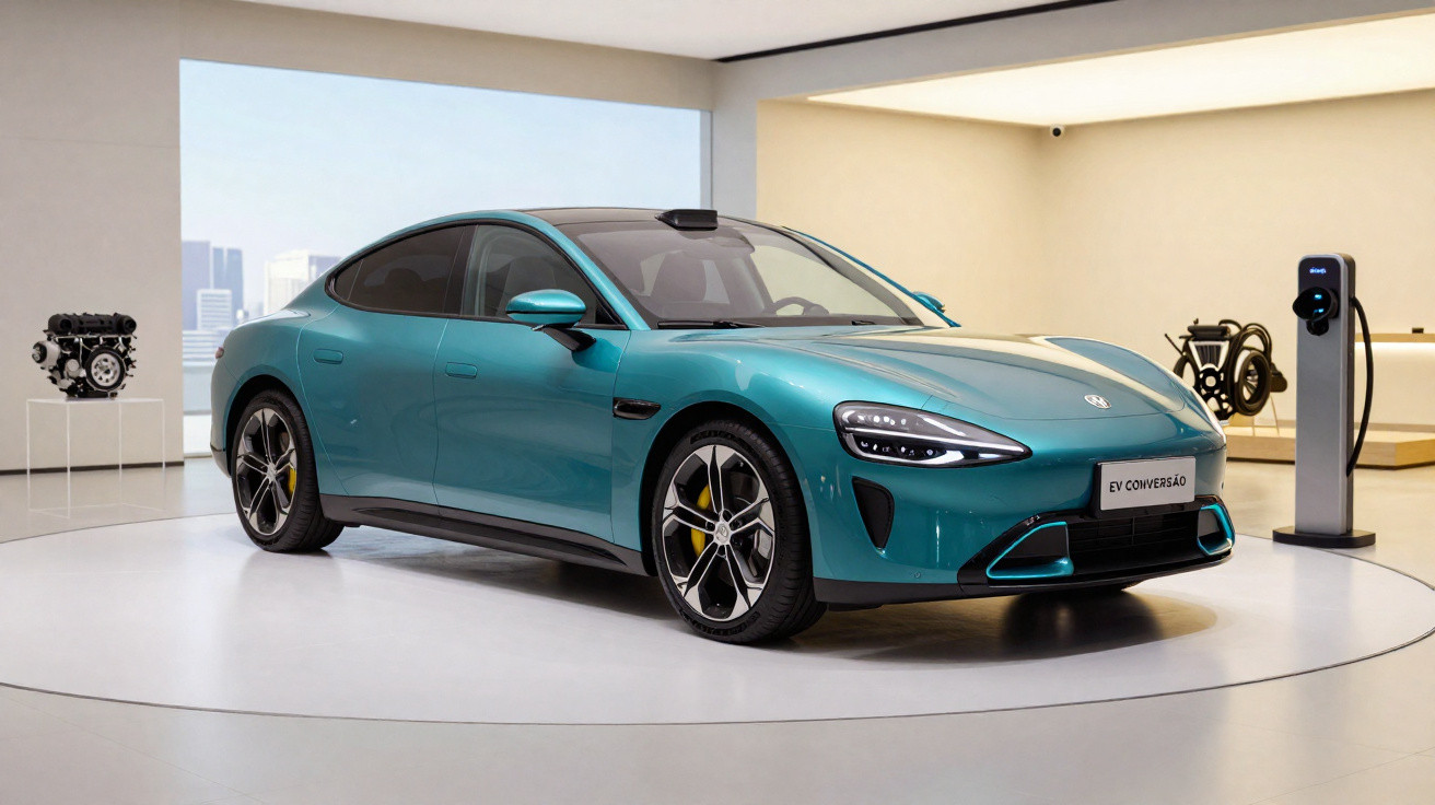 Carro elétrico verde metálico estacionado em showroom moderno com estação de recarga ao lado.