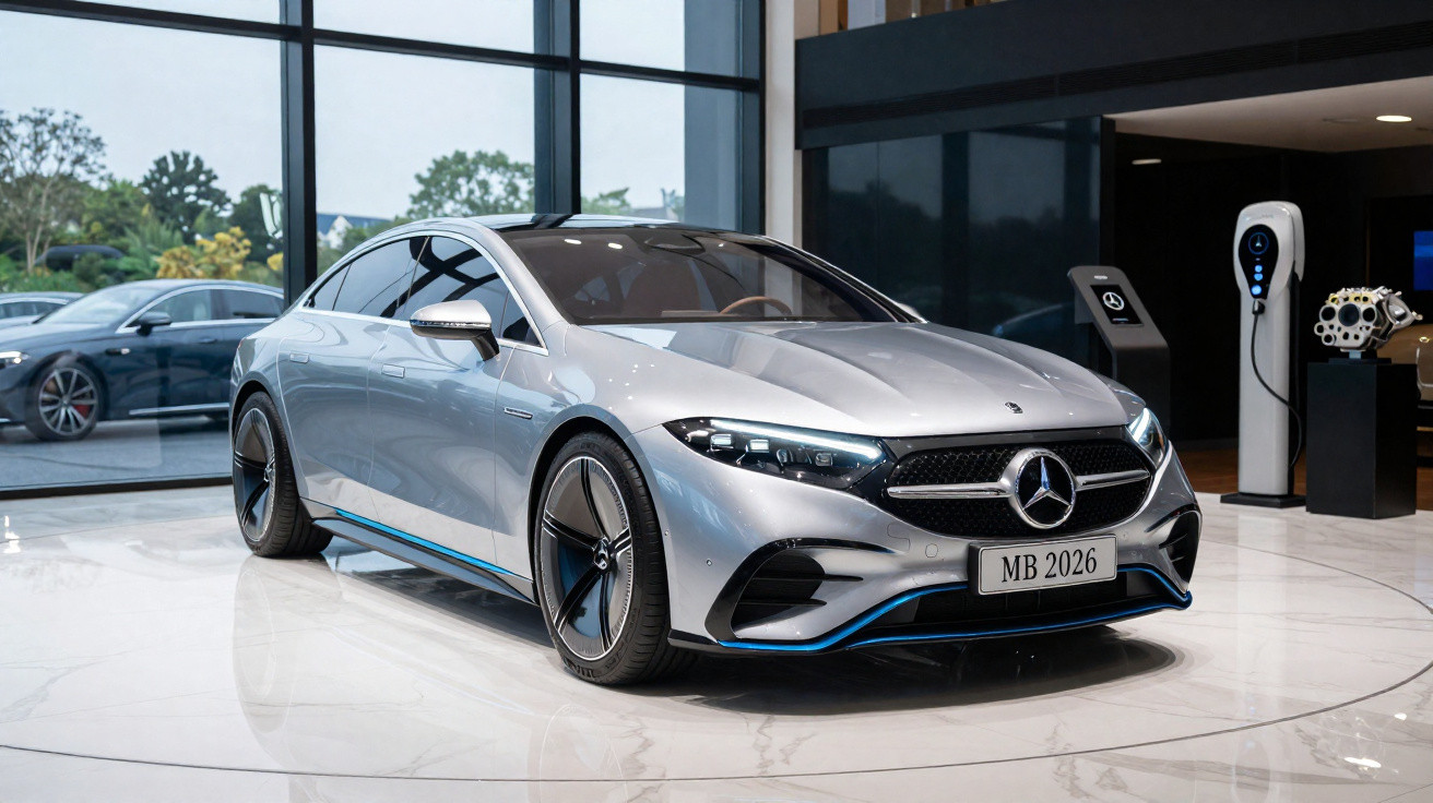 Carro elétrico Mercedes-Benz prata estacionado em showroom moderno com estação de recarga ao lado.