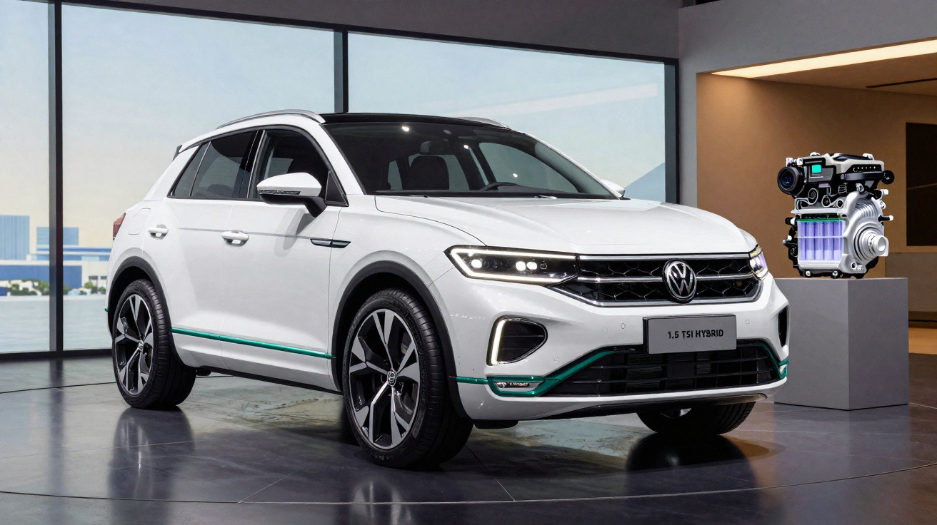 Carro SUV branco Volkswagen T-Cross 1.5 TSI Hybrid exposto em ambiente interno moderno.