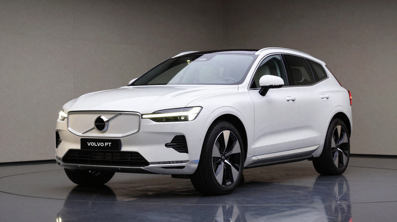 Carro SUV Volvo branco estacionado em ambiente interno com piso reflexivo e fundo cinza.