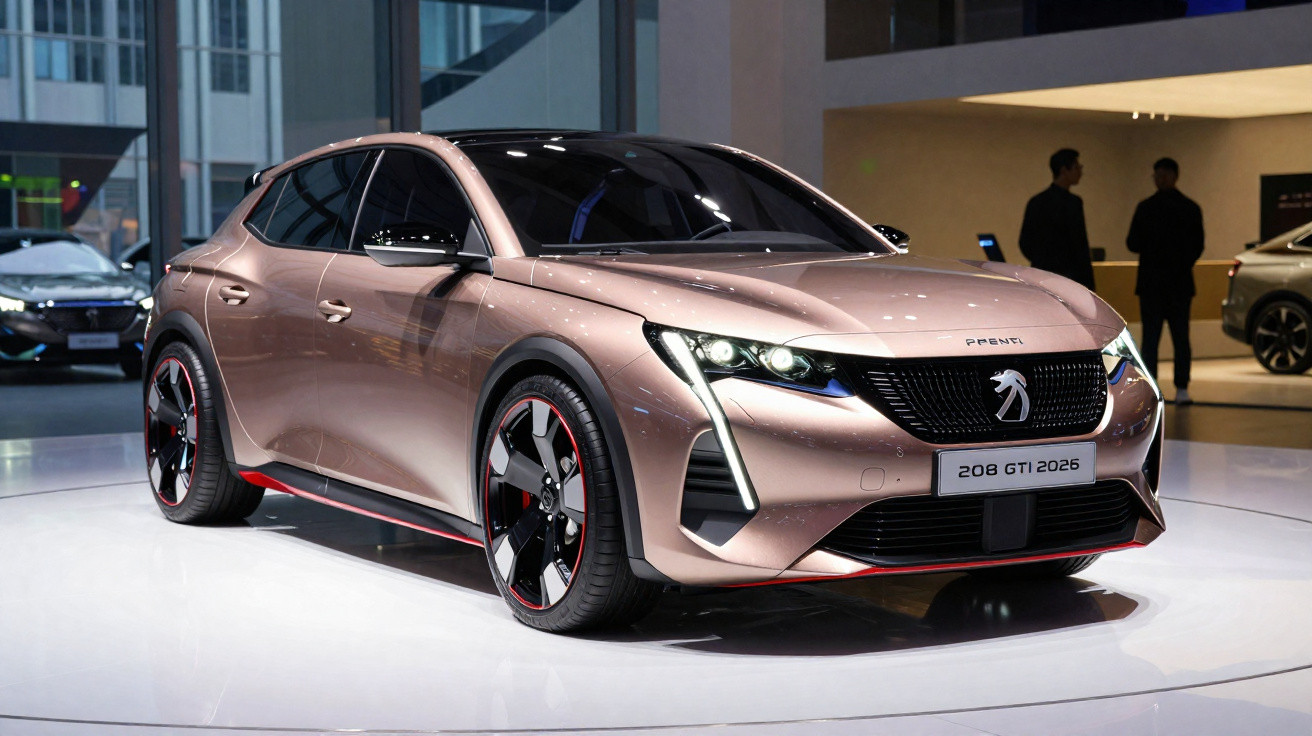 Carro esportivo moderno cor rosa metálico exibido em salão automotivo com design aerodinâmico e rodas pretas.