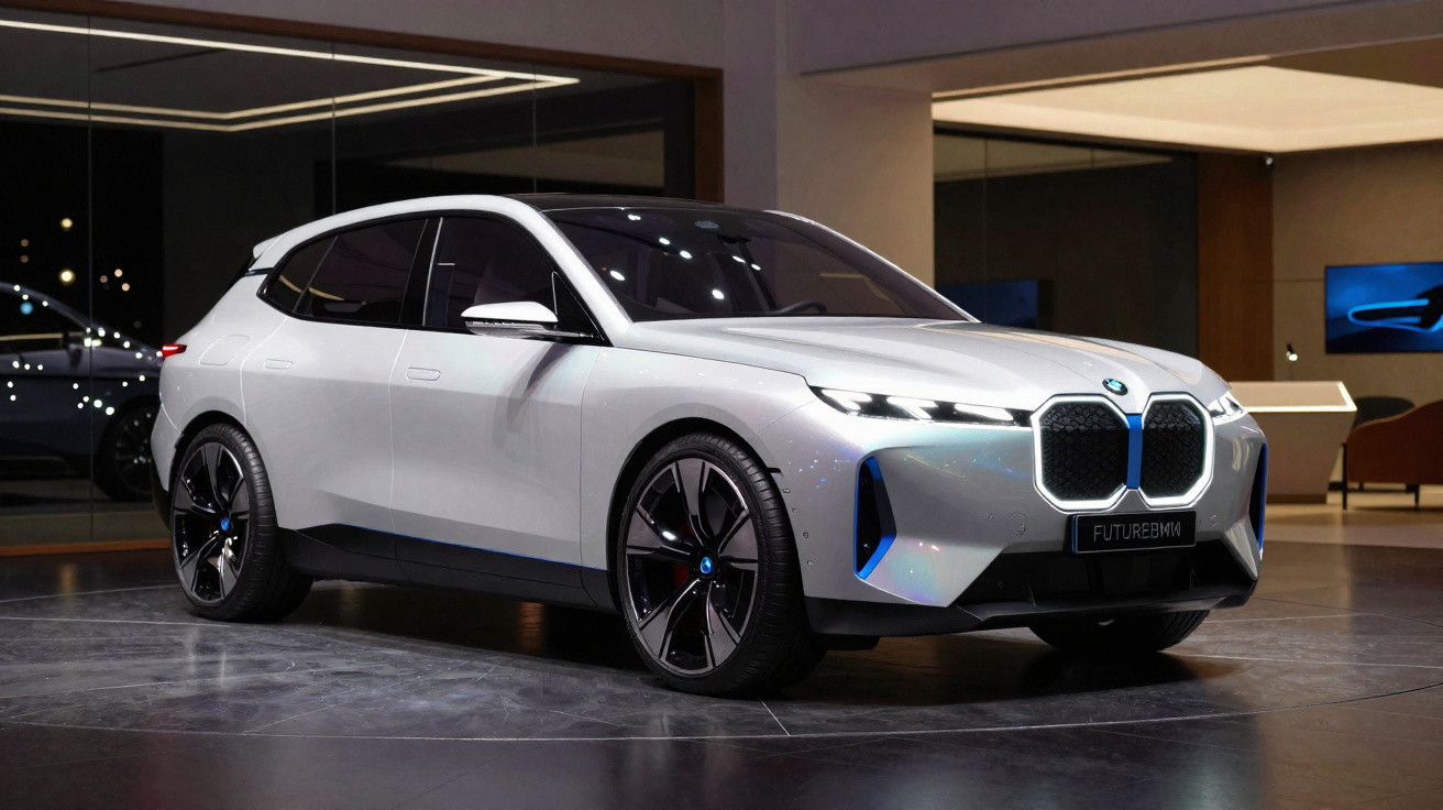 Carro elétrico BMW futurista branco exibido em showroom moderno com teto e piso escuros.