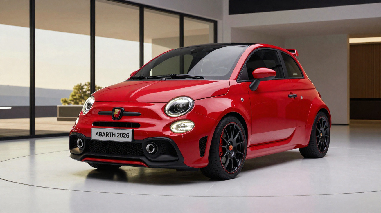 Carro Abarth 2026 vermelho com teto preto em showroom moderno, visto de frente e lado direito.