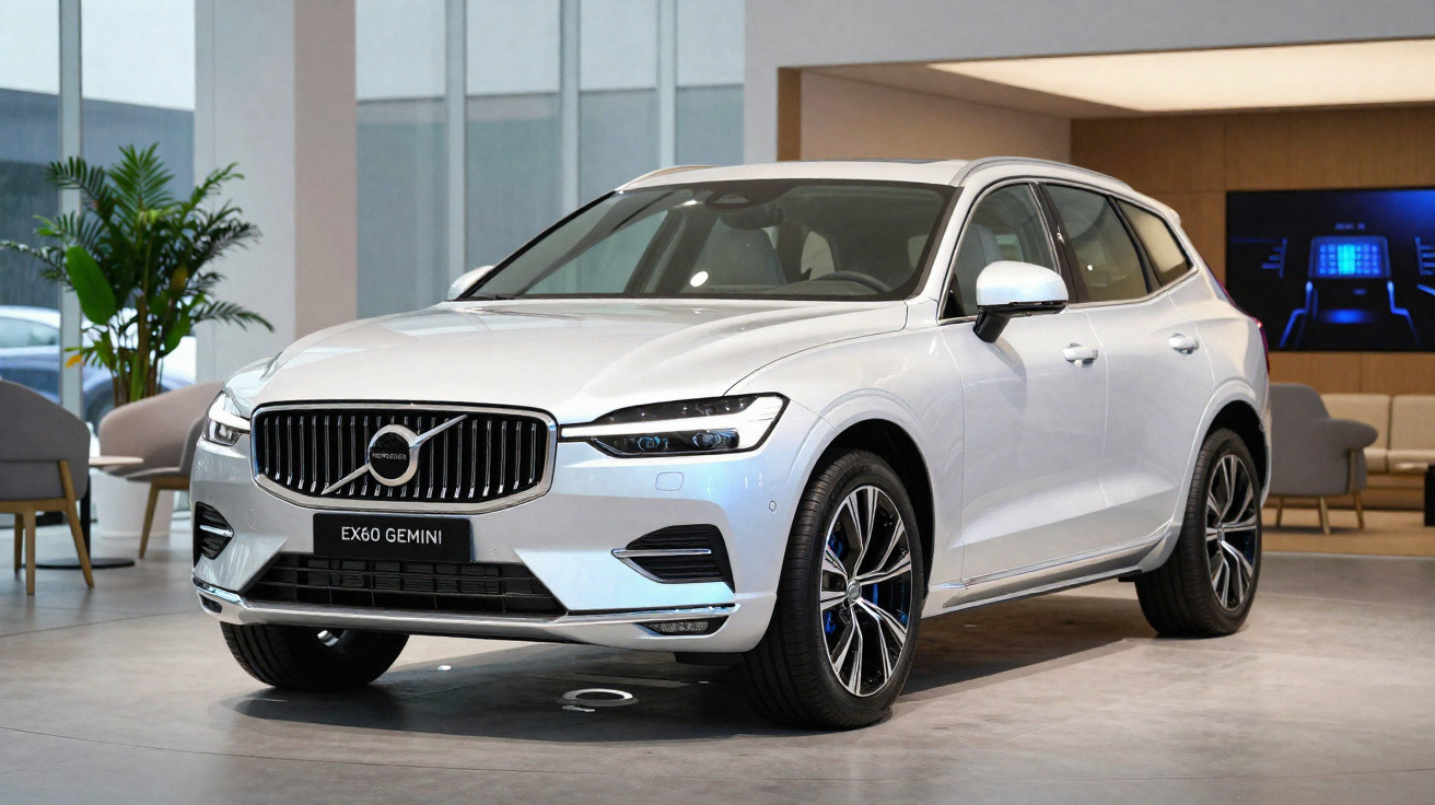 Carro SUV branco Volvo EX60 Gemini estacionado em showroom moderno e iluminado.