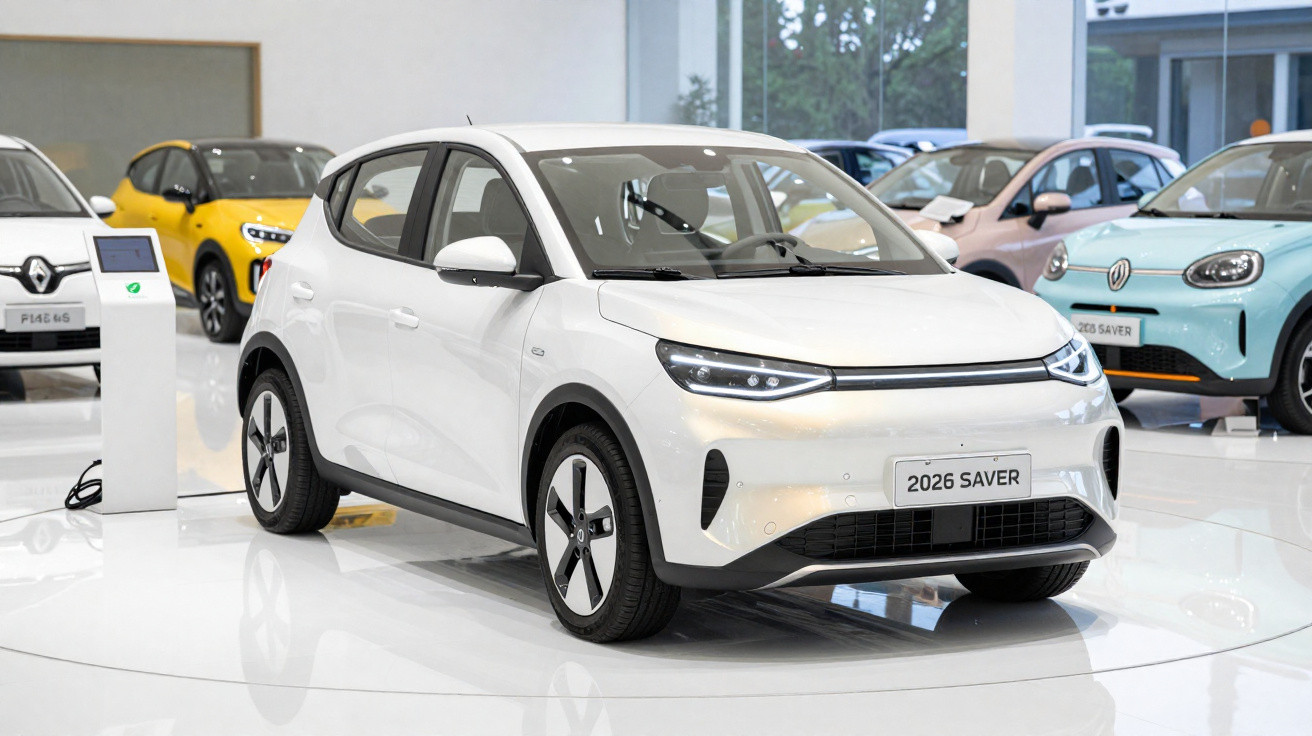 Carro elétrico branco modelo 2026 Saver exposto em showroom moderno com outros veículos ao fundo.