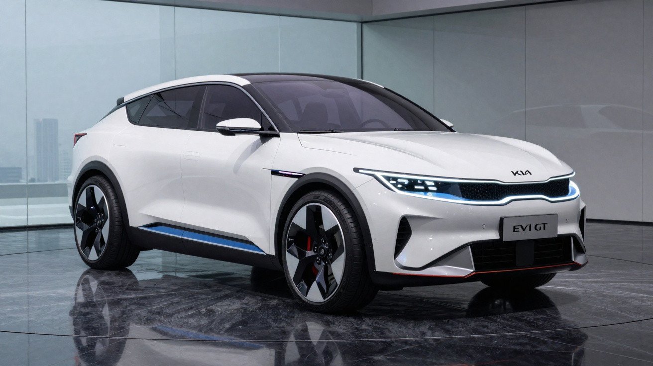 Carro elétrico Kia EV6 GT branco exibido em ambiente interno moderno com piso refletivo.