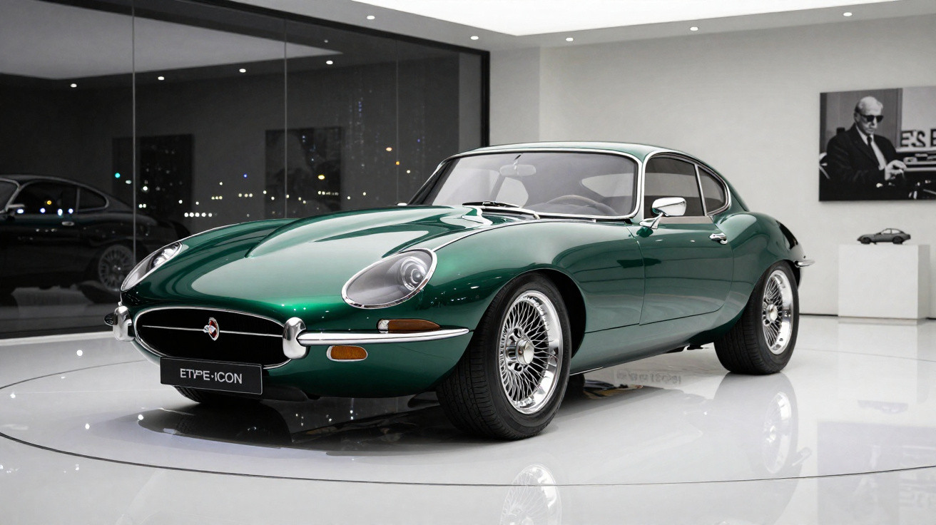 Carro esportivo clássico verde metálico Jaguar E-Type em galeria de exposições moderna e iluminada.