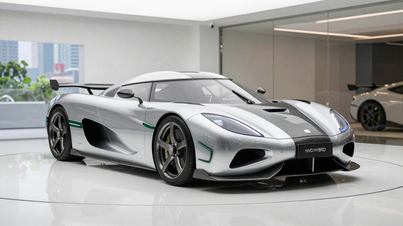 Carro superesportivo prata com detalhes verdes e teto branco em exibição dentro de showroom moderno.