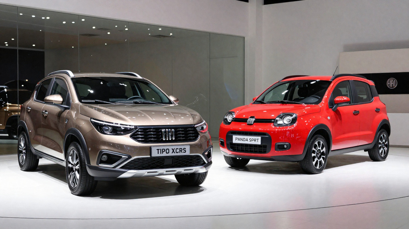 Dois carros Fiat exibidos em estande, um cinza modelo Tipo XCRS e um vermelho modelo Panda SPRT.