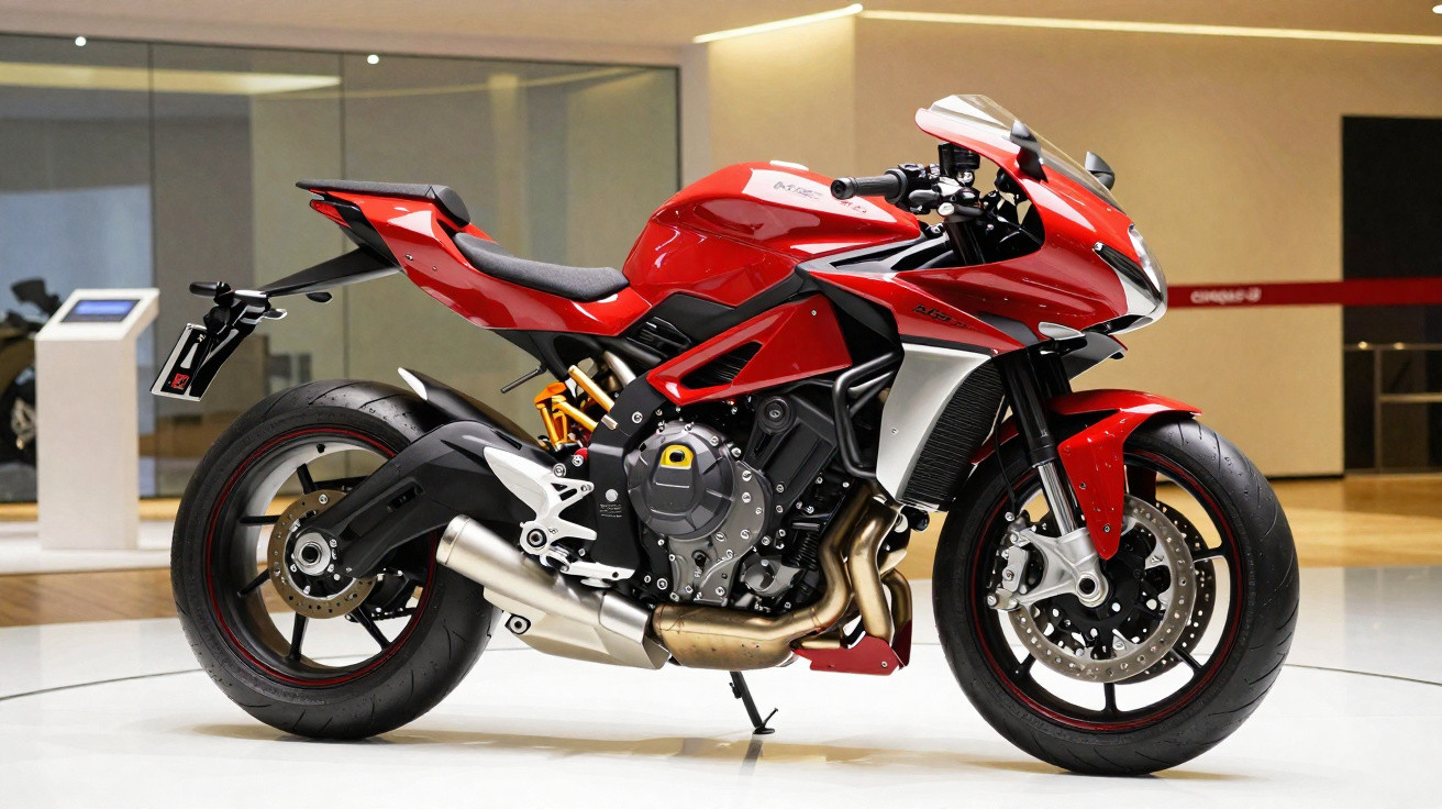 Motocicleta esportiva vermelha exposta em ambiente interno moderno, com design aerodinâmico e motor visível.