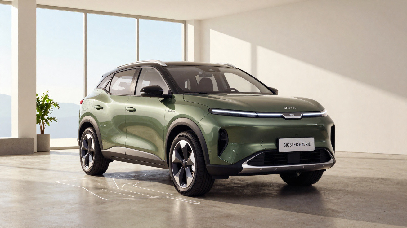 Carro SUV elétrico verde em exposição em ambiente interno com piso concreto e grandes janelas.