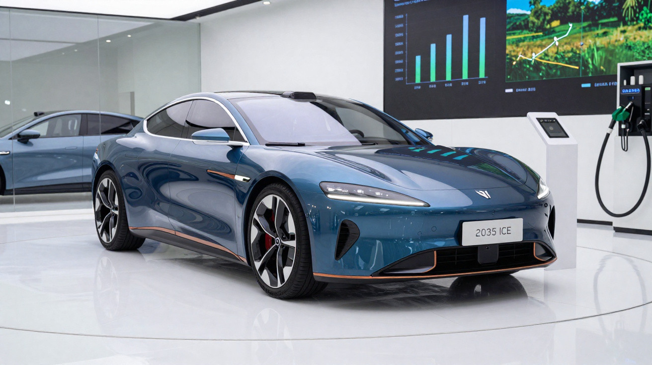 Carro esportivo elétrico azul em exposição, com tela digital e estação de carregamento ao fundo.