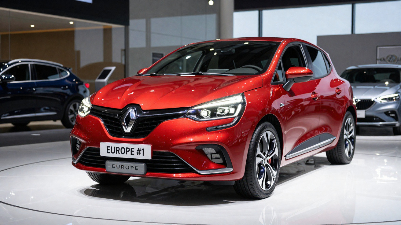 Carro vermelho Renault hatch exposto em salão automotivo, com faróis acesos e detalhes em preto.