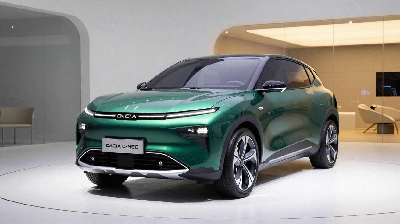 Carro elétrico verde Dacia C-Neo em exposição, com design moderno e rodas grandes, em ambiente interno.
