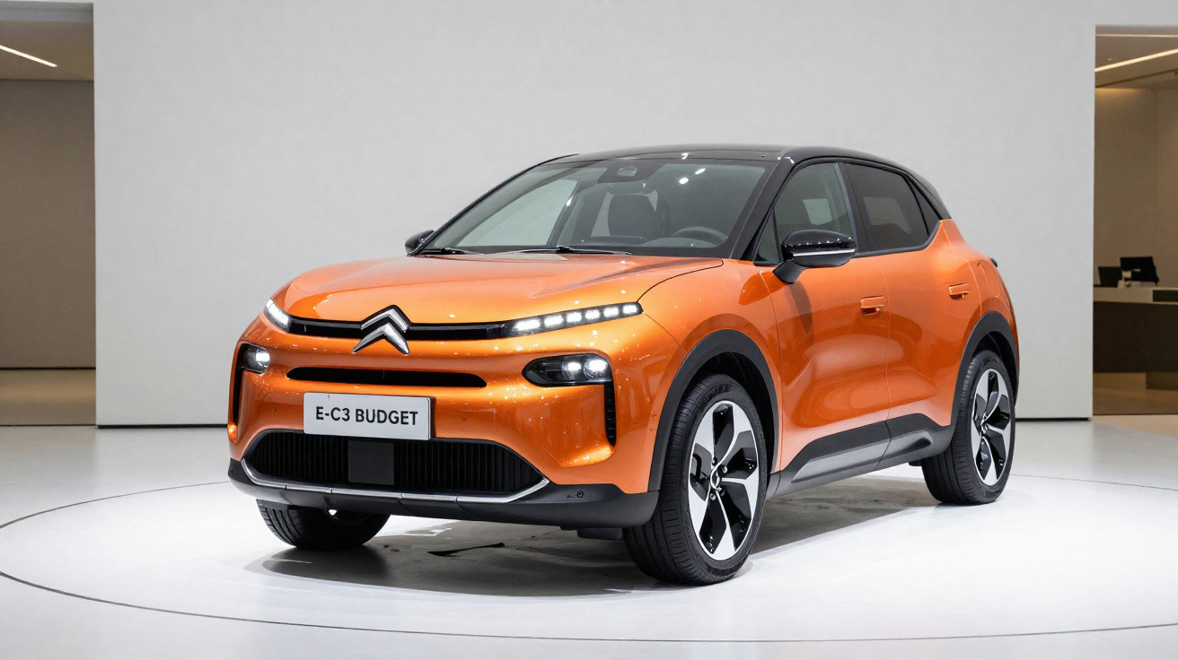 Carro Citroën E-C3 Budget laranja com teto preto exibido em ambiente interno moderno e iluminado.