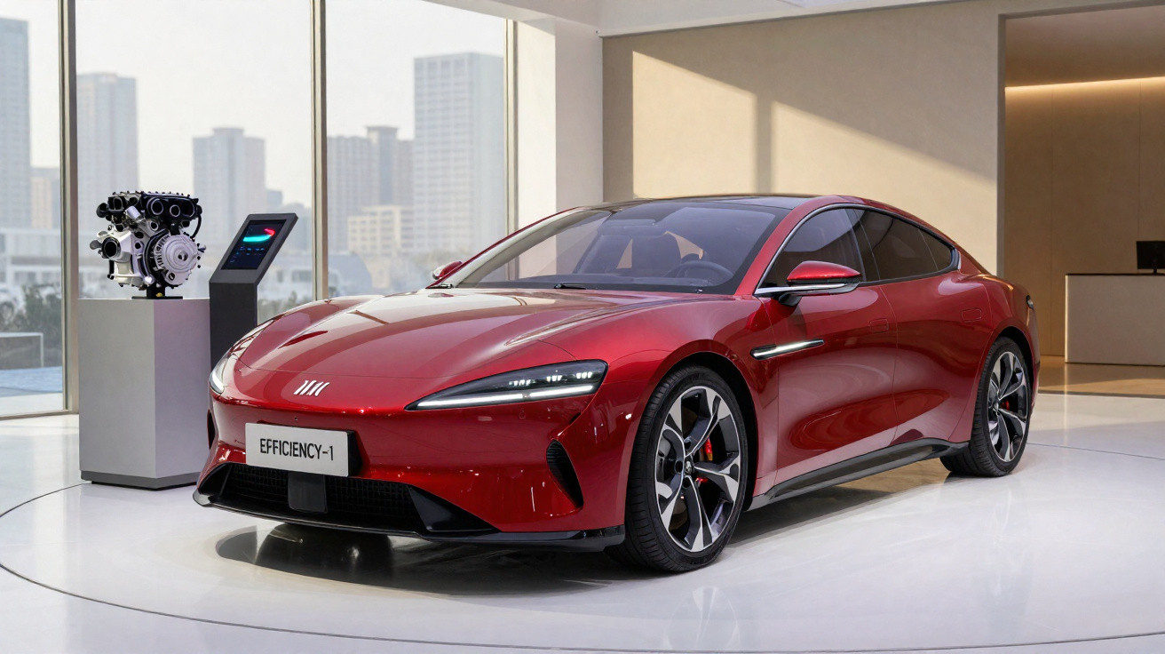 Carro esportivo vermelho Efficiency-1 em exposição interna com motor ao fundo e prédios visíveis pela janela.