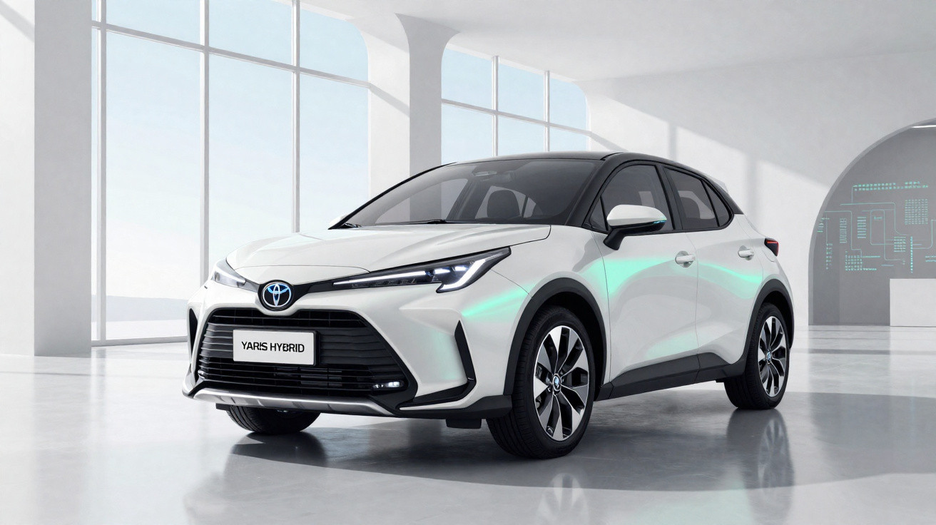 Carro Toyota Yaris Hybrid branco estacionado em ambiente interno moderno com janelas grandes e luz natural.