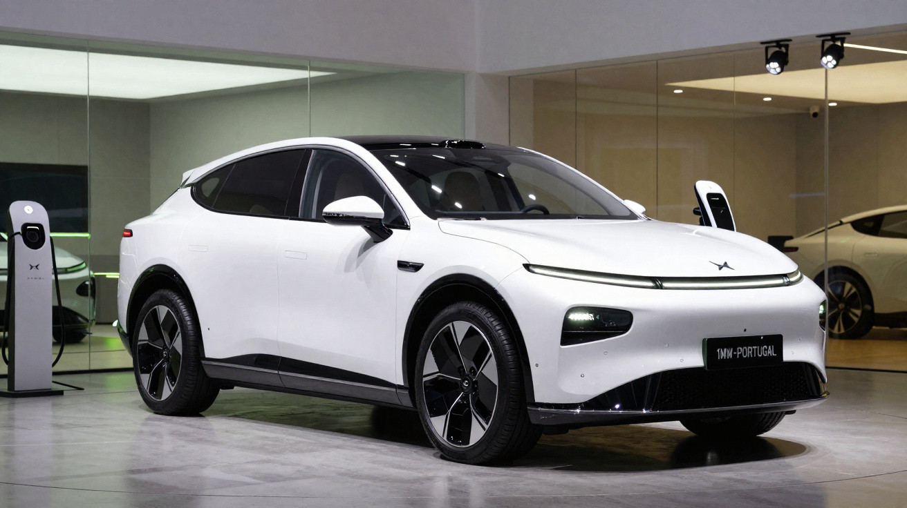 Carro elétrico branco estacionado em showroom moderno, com carregador conectado e espelhos refletindo o veículo.