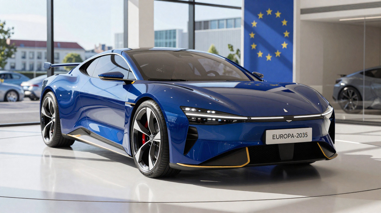 Carro esportivo azul brilhante em exposição interna futurista com placa escrita "EUROPA-2035".