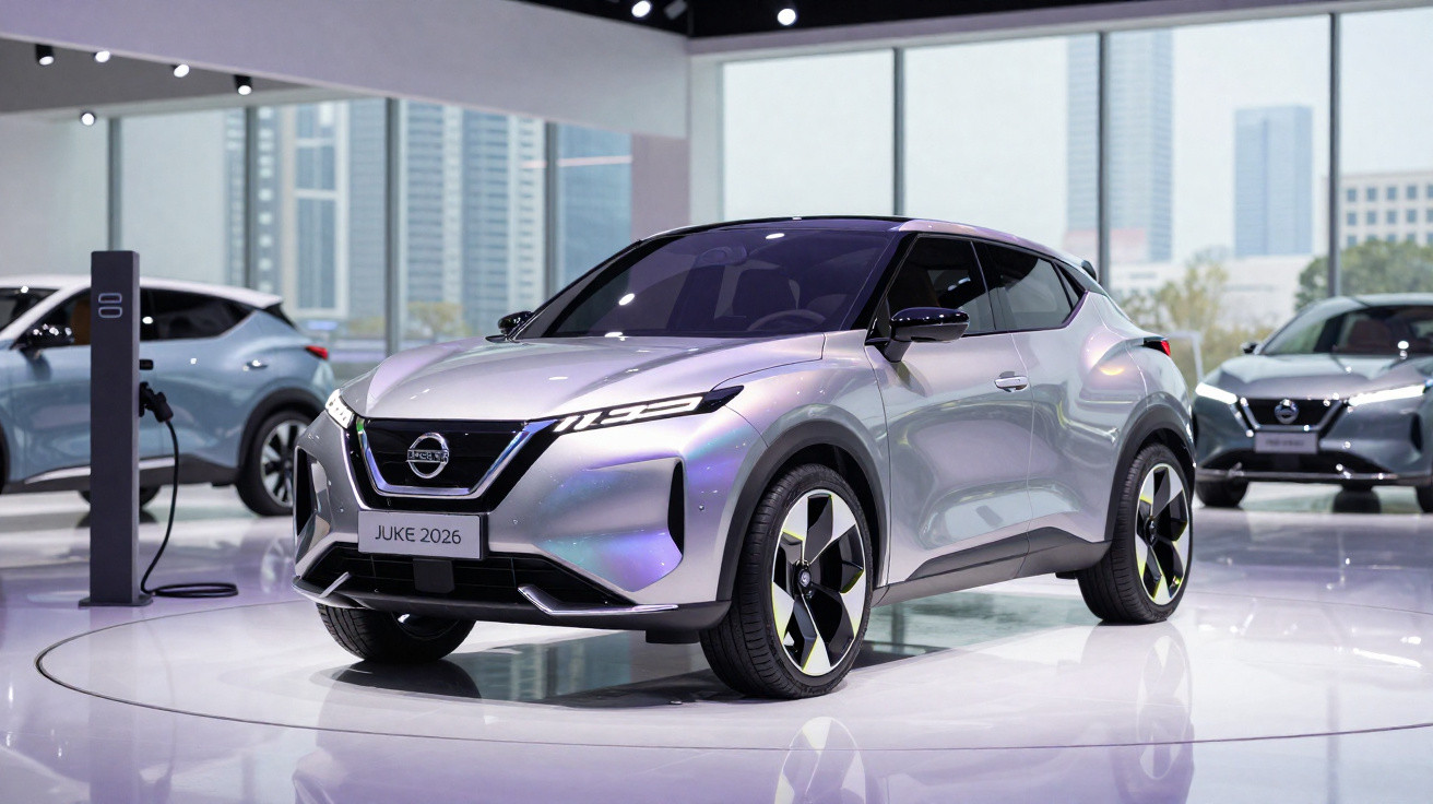 Carro elétrico Nissan Juke 2026 prata em exposição moderna com carga elétrica e prédios ao fundo.