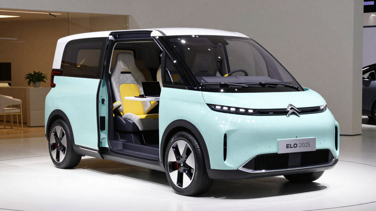 Carro elétrico Citroën ELO 2025 em tom azul claro com porta lateral aberta exibindo assentos e mesa interna.