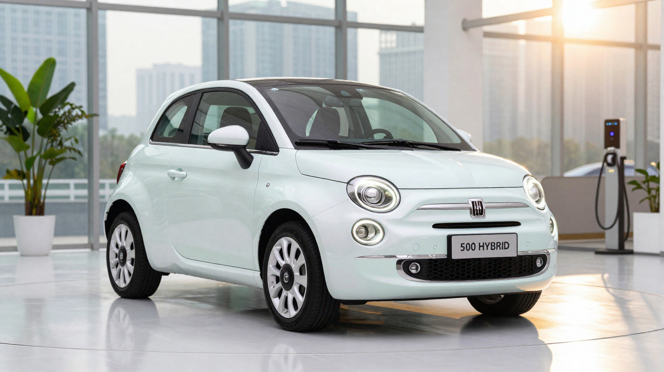 Carro Fiat 500 Hybrid branco exibido em showroom com parede de vidro e estação de recarga elétrica ao fundo.