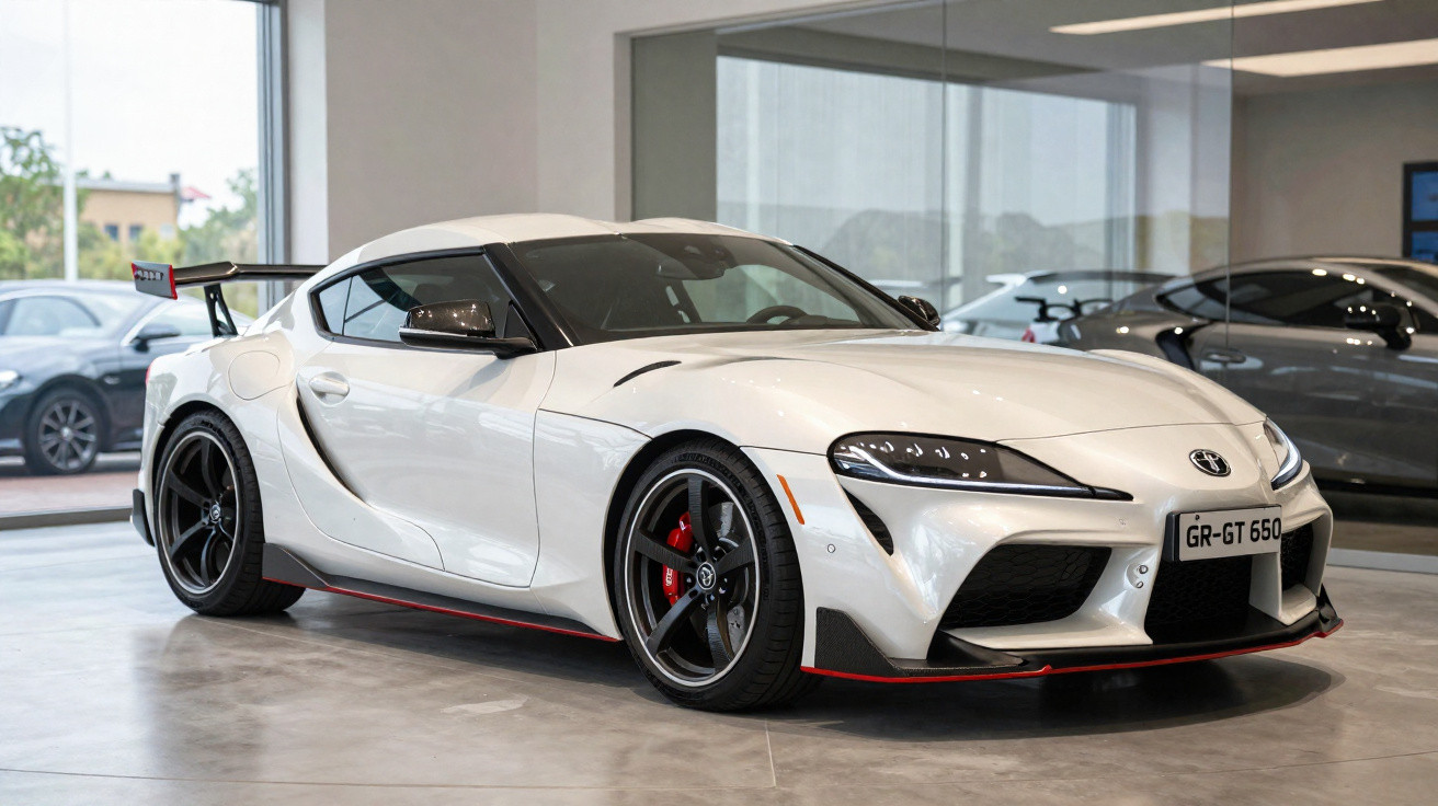 Carro esportivo branco Toyota GR Supra GT 650 estacionado em showroom moderno com vidro ao fundo.