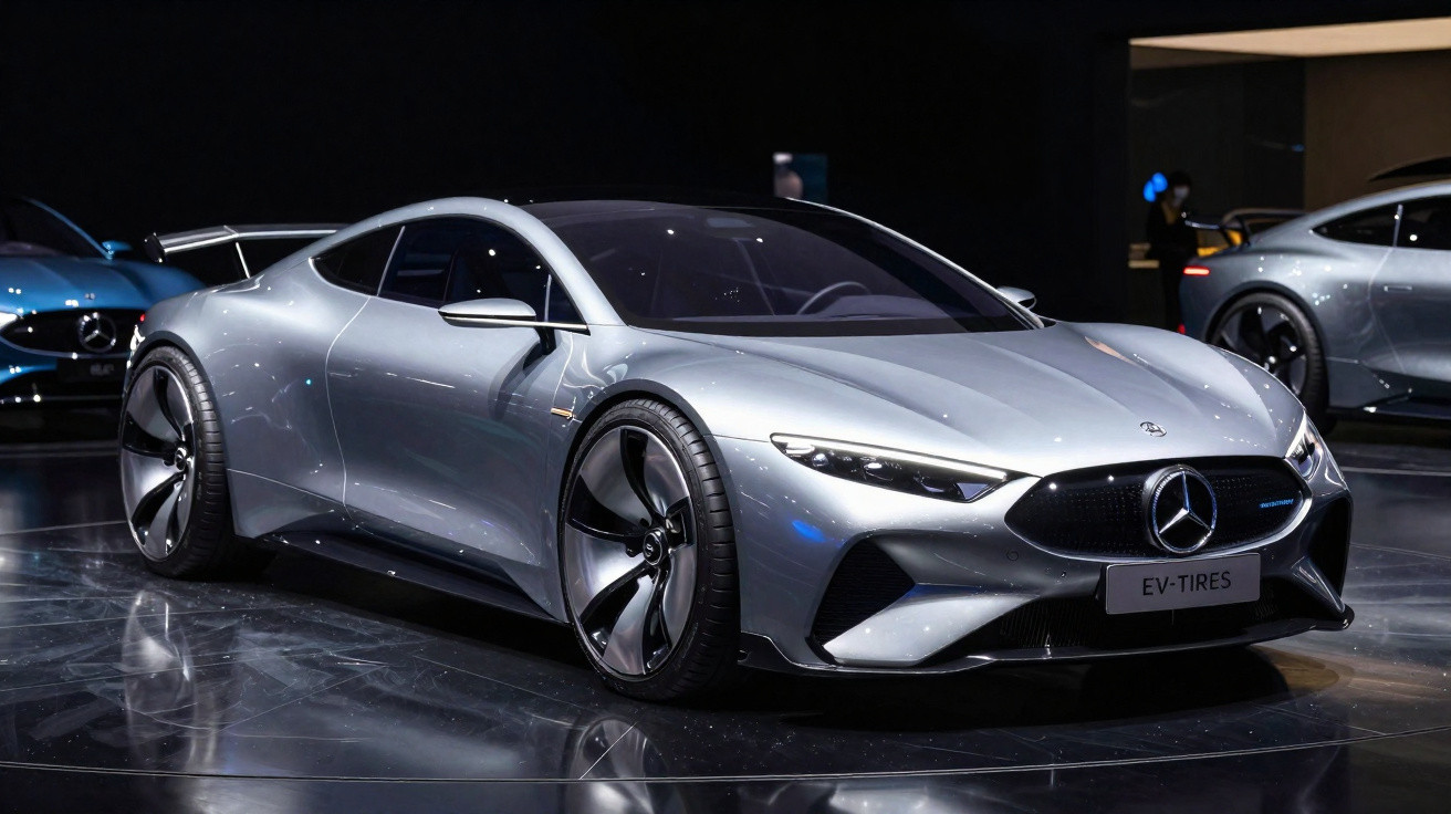Carro esportivo elétrico prata da Mercedes-Benz em exposição com design aerodinâmico e rodas grandes.