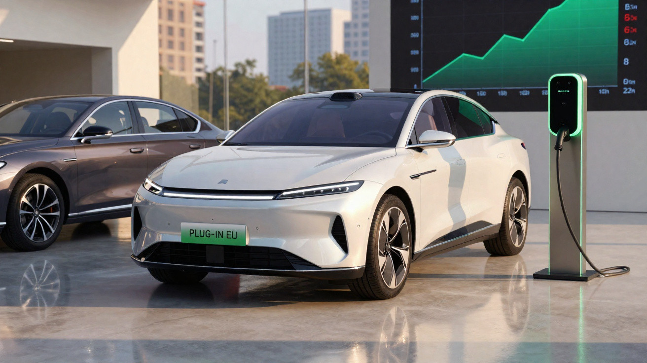Carro elétrico branco estacionado ao lado de estação de recarga com gráfico ascendente ao fundo.