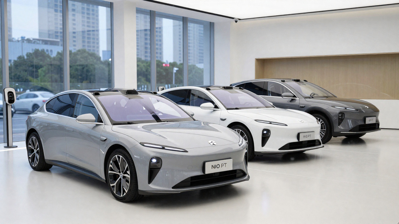 Três carros elétricos NIO PT em cores cinza, branco e preto exibidos em showroom moderno com grandes janelas.