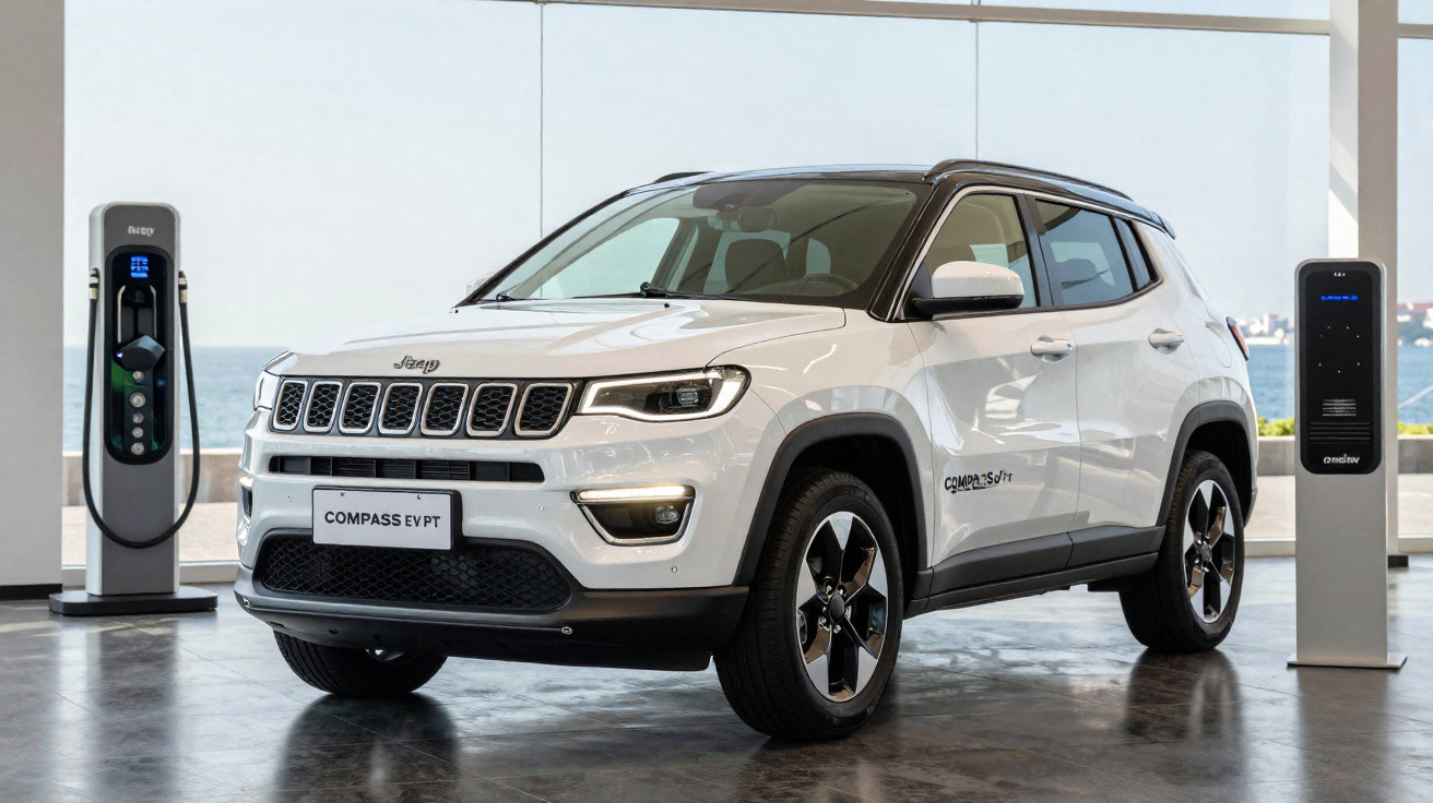 Jeep Compass EV branco estacionado entre duas estações de carregamento para veículos elétricos em ambiente interno.