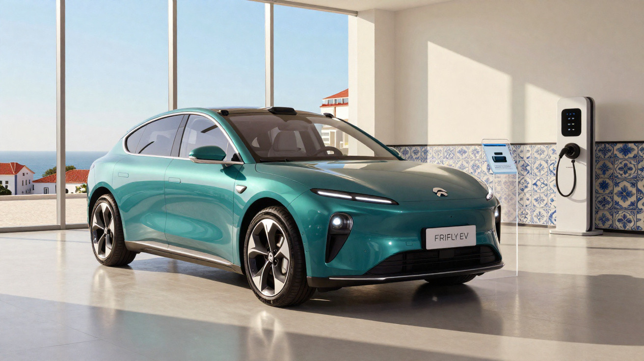 Carro elétrico verde estacionado em sala clara com carregador na parede e vista para o mar.