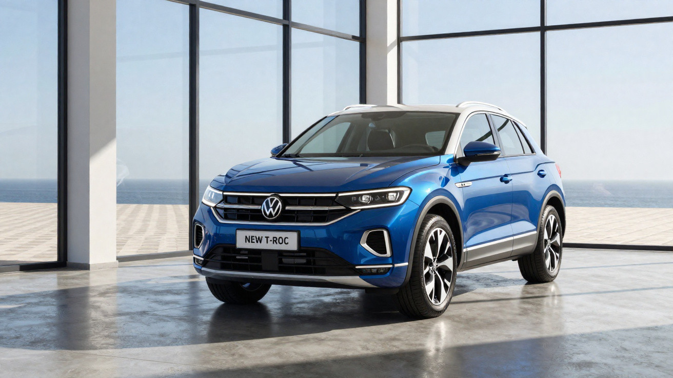 SUV Volkswagen T-Roc azul estacionado em ambiente interno com grandes janelas e vista para o mar.