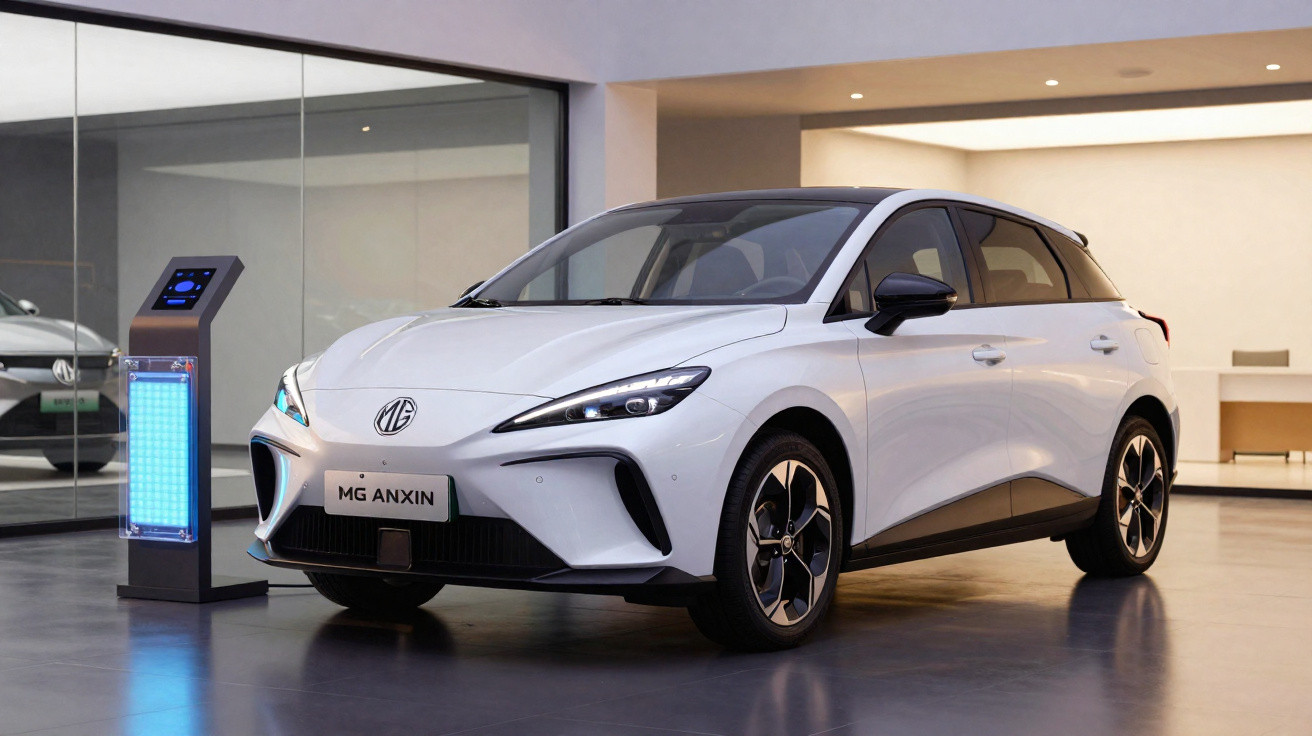Carro elétrico branco MG Anxin estacionado em ambiente interno moderno, próximo a estação de carregamento.