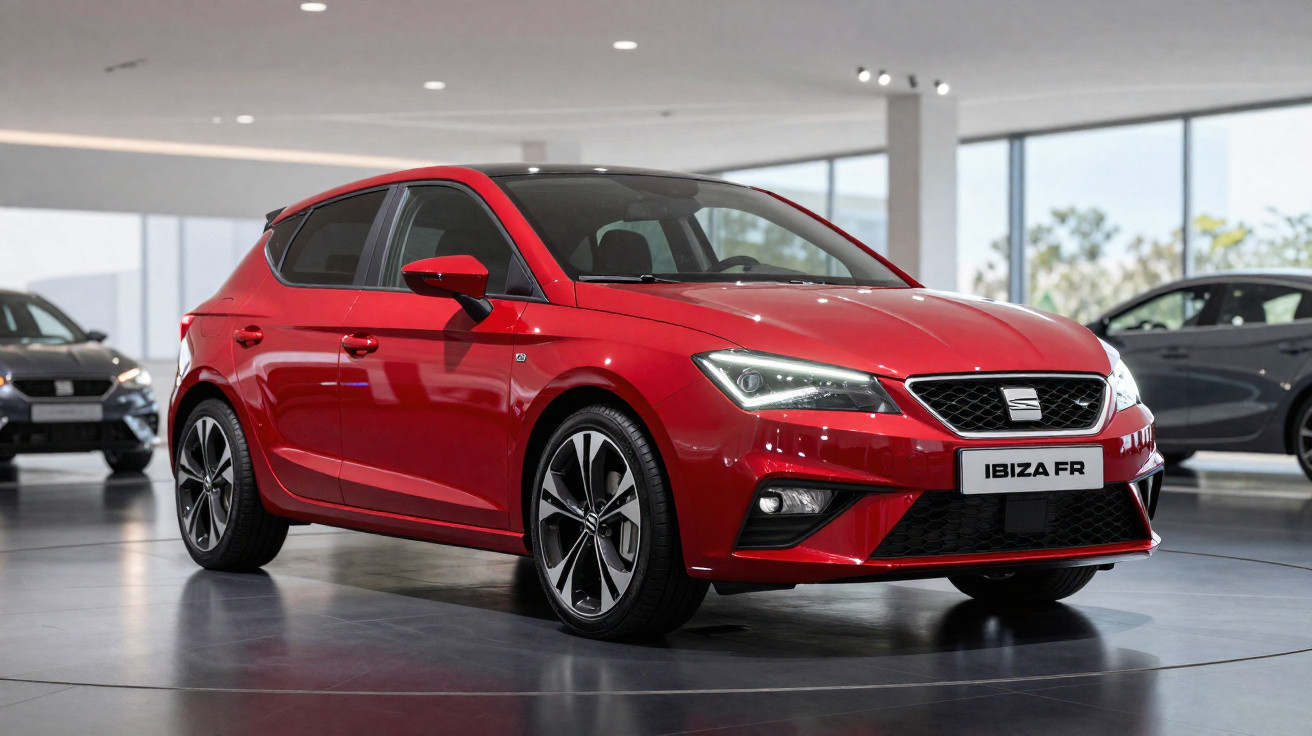 Carro vermelho Seat Ibiza FR estacionado em showroom moderno com piso cinza e paredes de vidro.