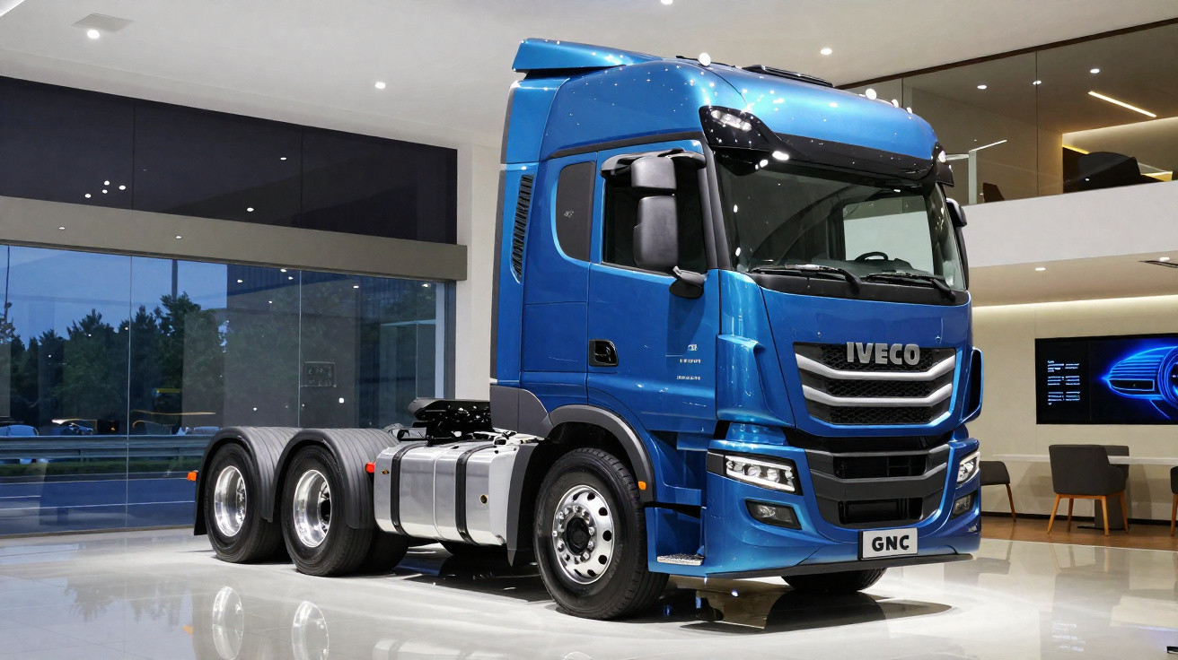 Caminhão azul Iveco GNC exposto em ambiente interno moderno e iluminado.