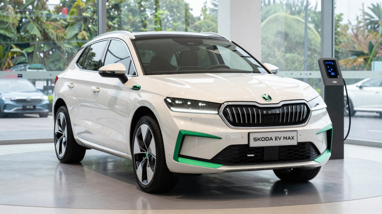 Carro elétrico branco Skoda EV Max em exposição dentro de showroom moderno com carregador ao fundo.