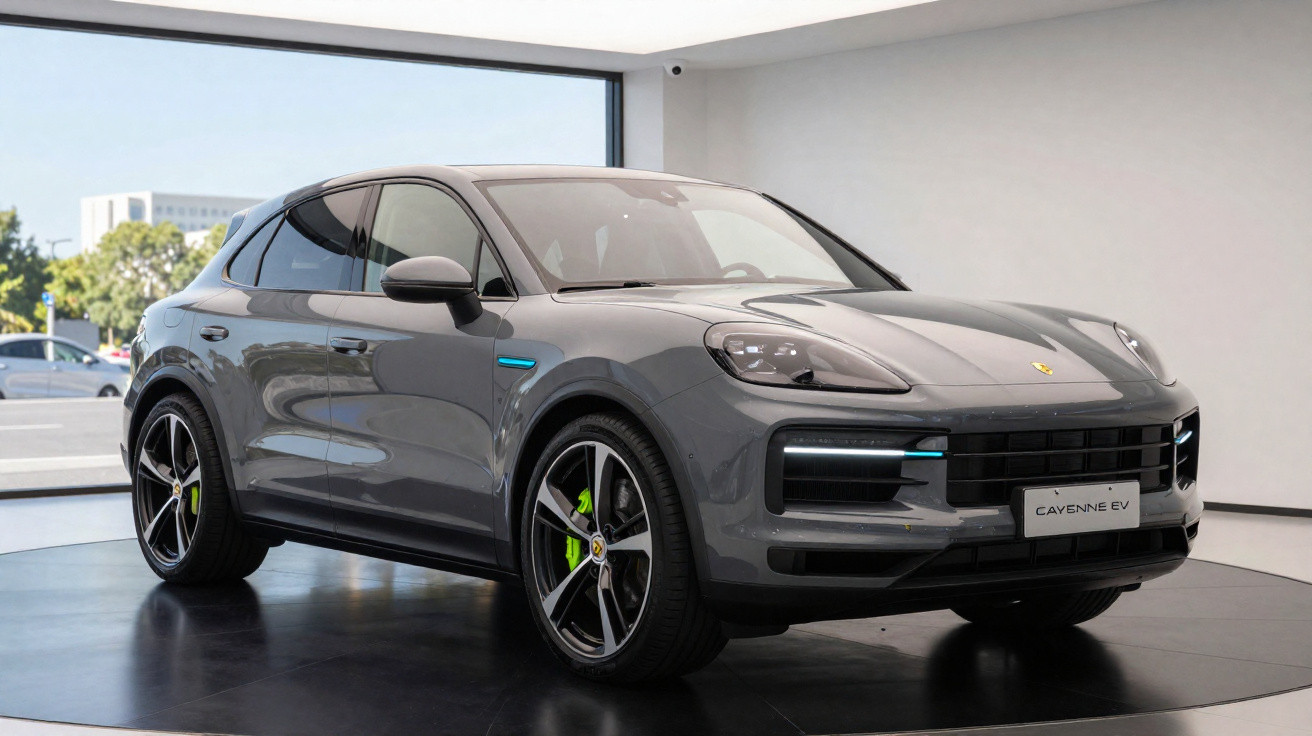 Carro SUV elétrico Porsche Cayenne EV cinza exposto em showroom moderno com piso preto e parede branca.
