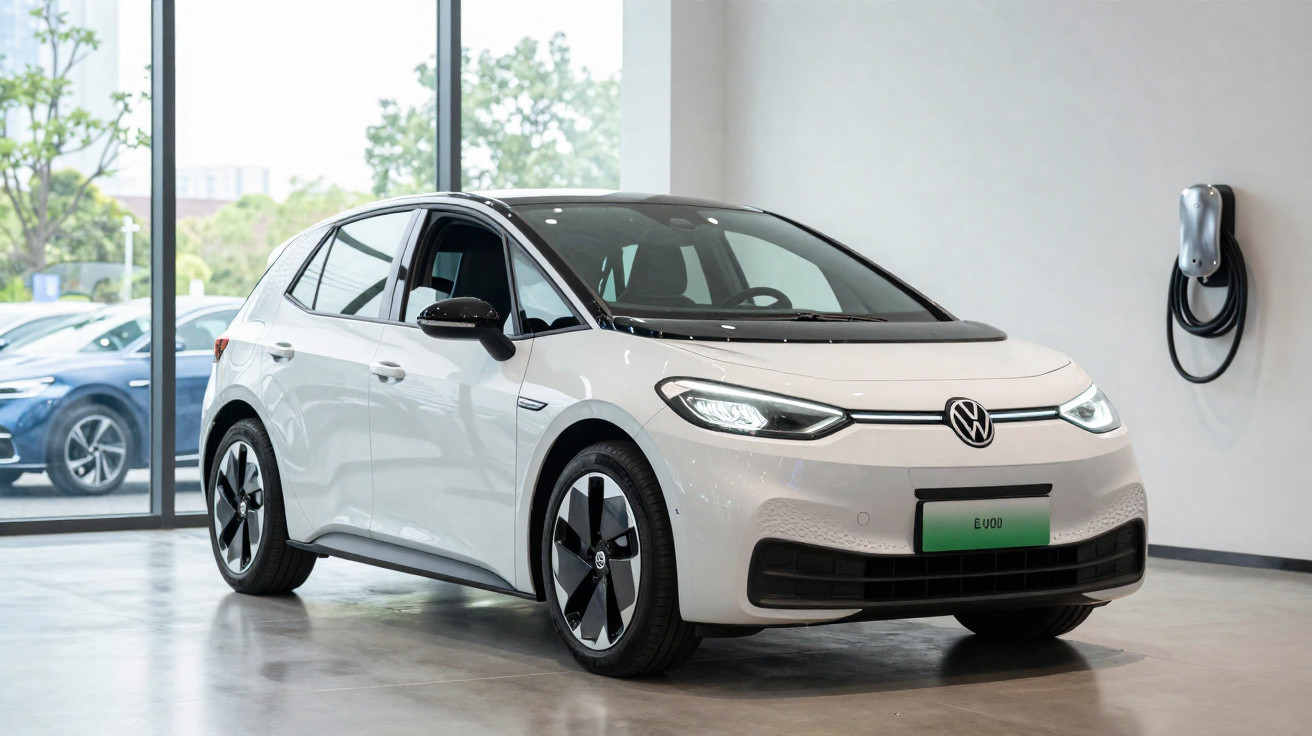 Carro elétrico branco Volkswagen ID.3 estacionado em showroom com carregador na parede branca.