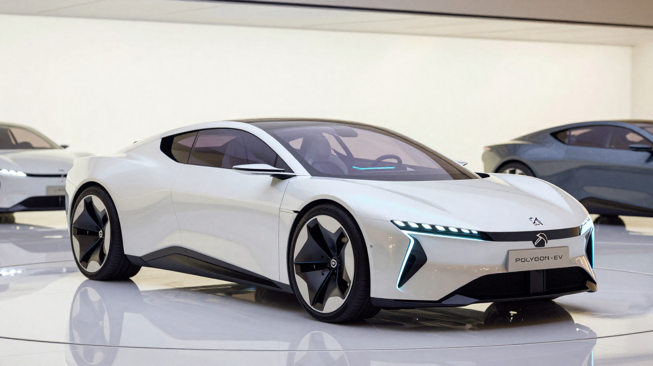 Carro esportivo elétrico branco com design futurista exibido em salão automotivo moderno.