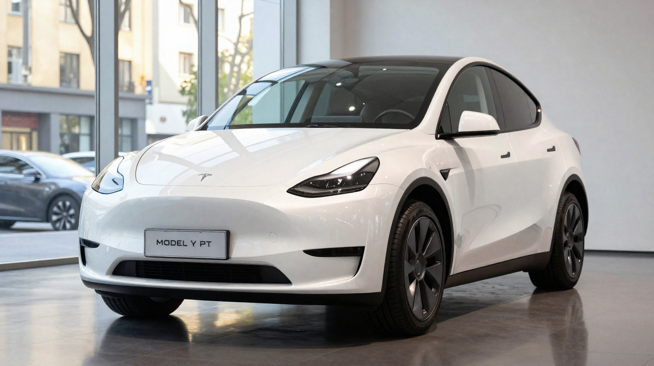 Carro elétrico branco Tesla Model Y em exposição dentro de showroom com grandes janelas de vidro.