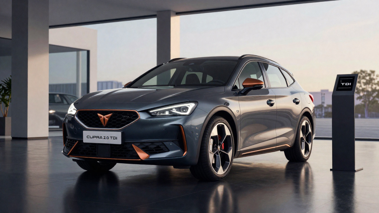 Carro SUV esportivo cinza escuro modelo Cupra 2.0 TDI exibido em ambiente interno moderno.