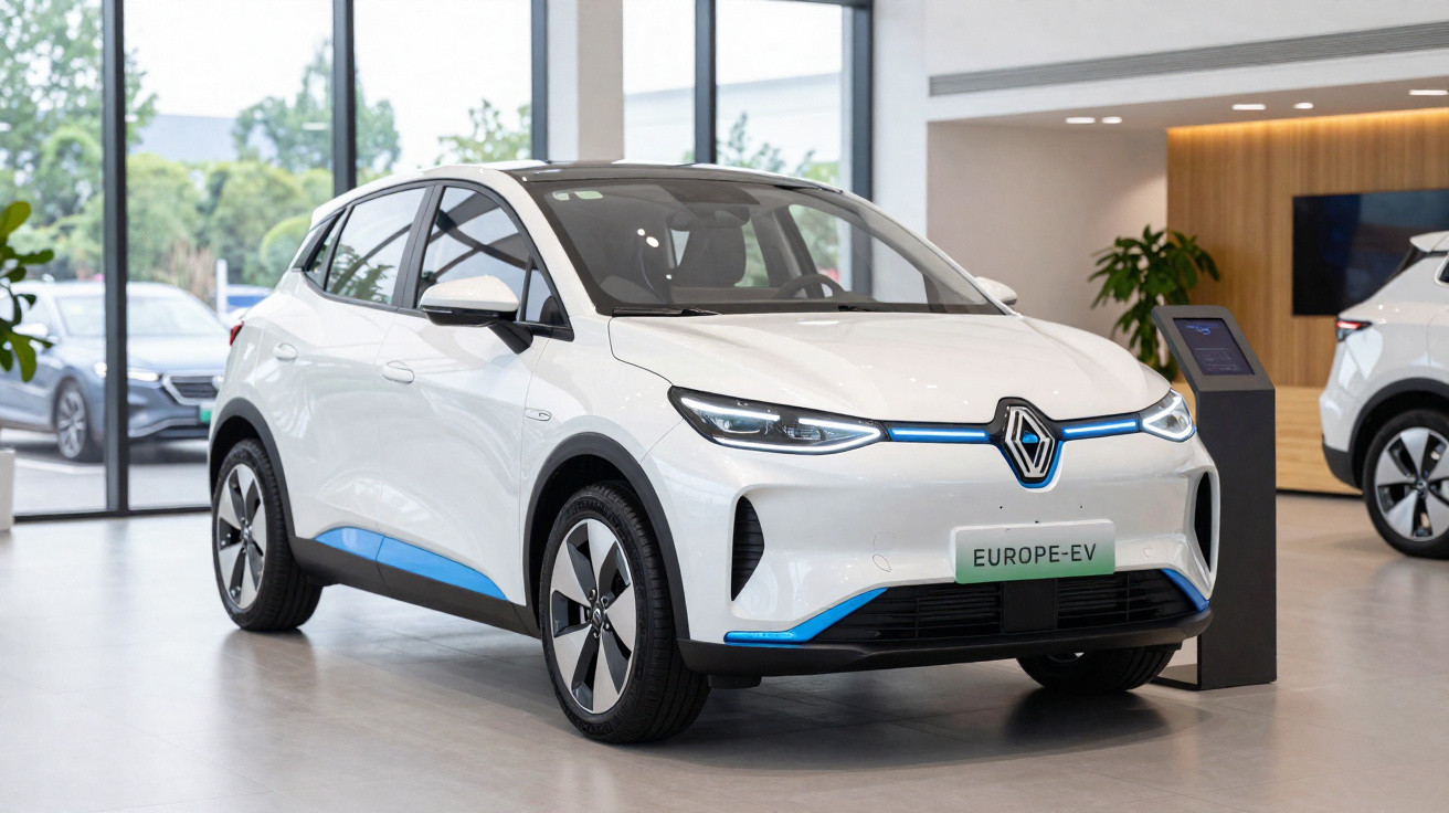 Carro elétrico branco Renault Europe-EV em salão de exposição moderno com grandes janelas.