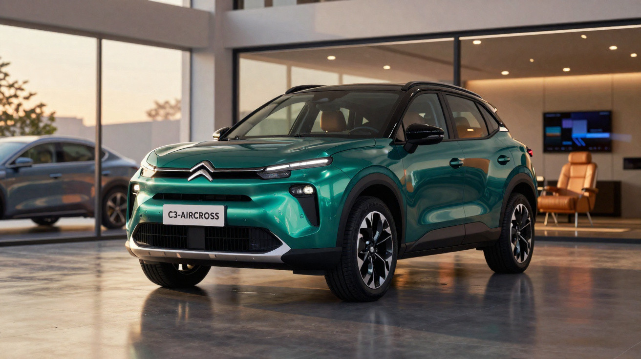 Carro Citroën C3 Aircross verde em exposição dentro de showroom moderno e iluminado.