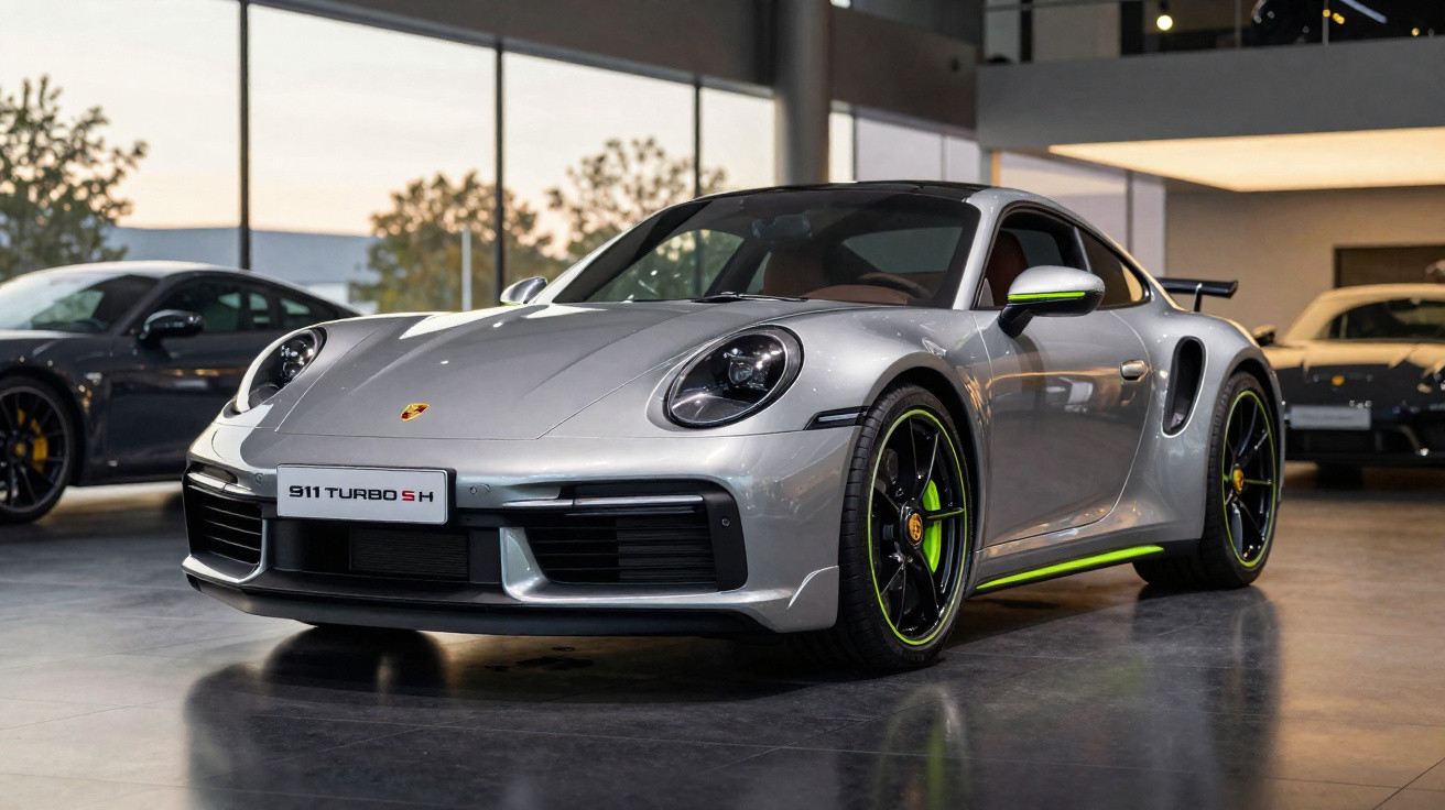 Carro esportivo Porsche 911 Turbo S prata em sala de exposição com detalhes em verde.