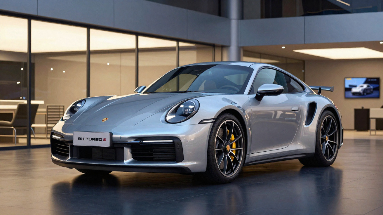 Carro esportivo prata Porsche 911 Turbo S estacionado em showroom moderno e iluminado.