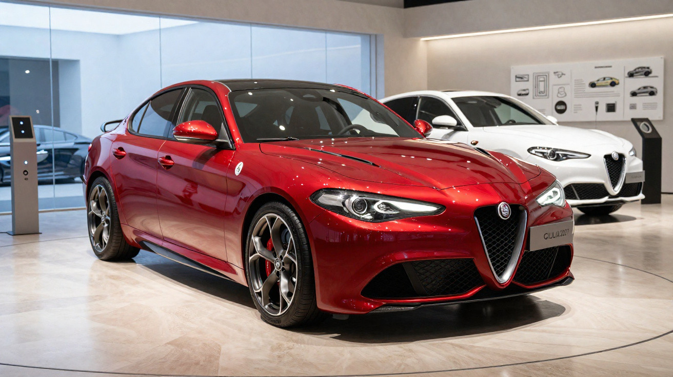 Carro esportivo Alfa Romeo Giulia vermelho exibido em showroom moderno com outro veículo branco ao fundo.