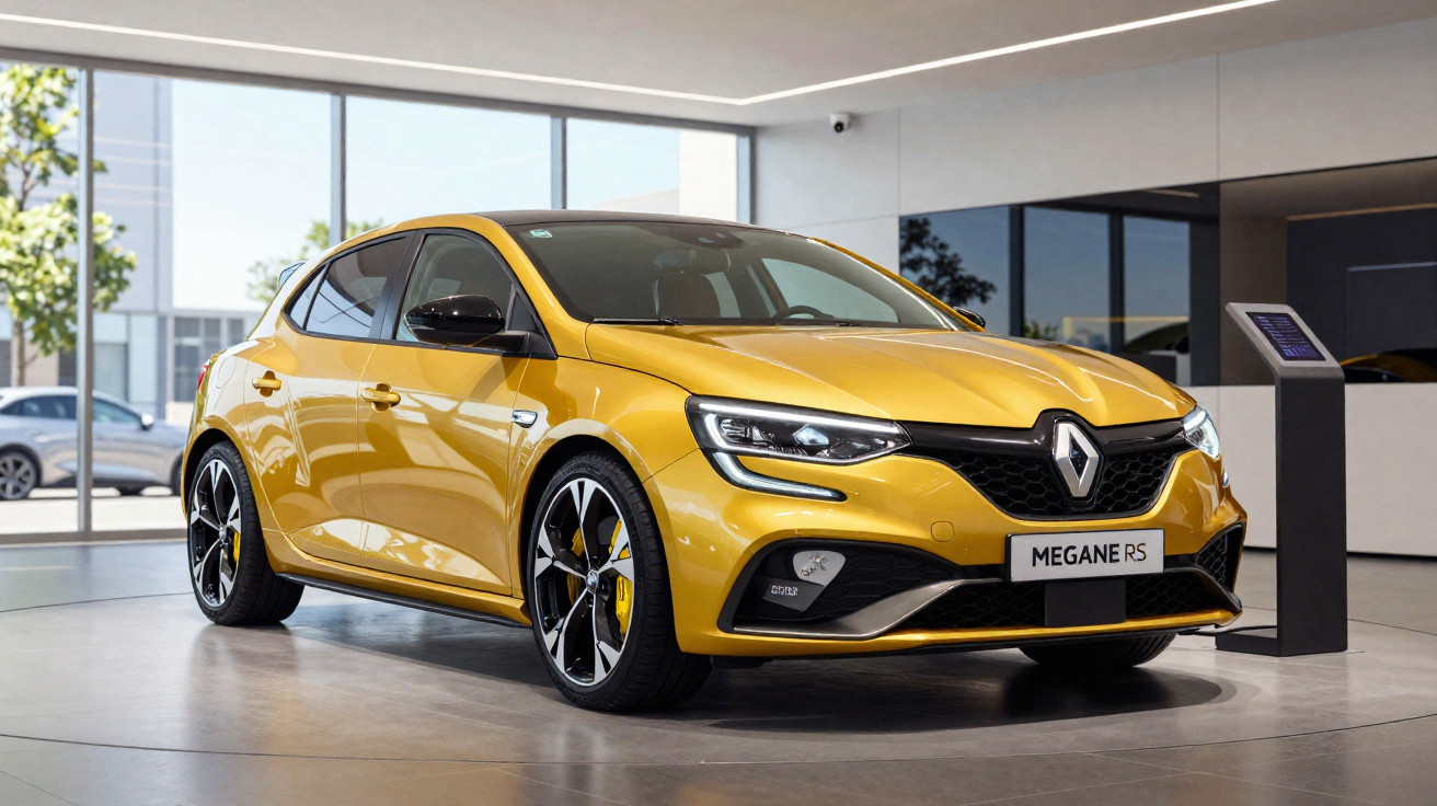Carro esportivo Renault Megane RS amarelo em exibição dentro de showroom moderno.